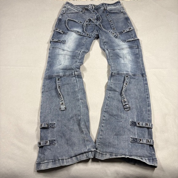 Hot Topic Denim - Hot Topic Women Blue Acid Wash Grommet Strap Flare Jeans Y2K Mall Goth Size 13